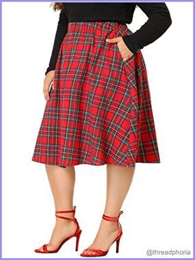 Plus Size Plaid A-Line Flare Midi Skirt High Waist Elastic